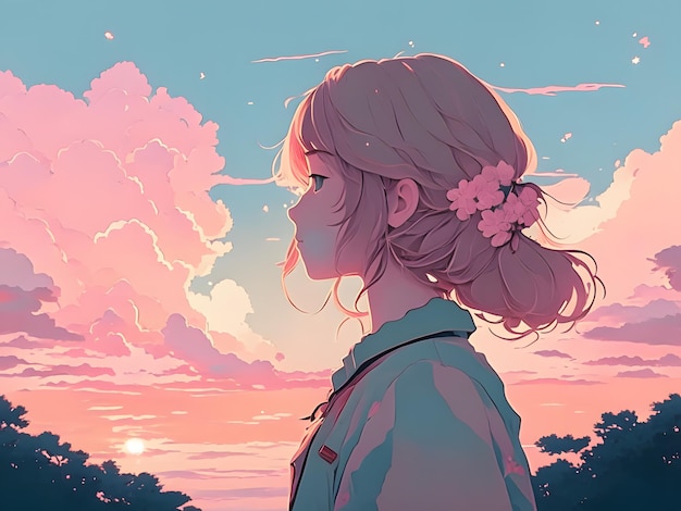 chica anime de pie sola bajo un hermoso paisaje de cielo