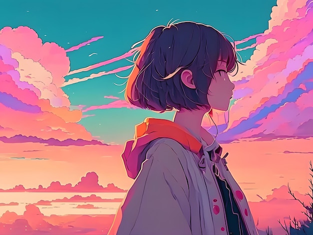 chica anime de pie sola bajo un hermoso paisaje de cielo