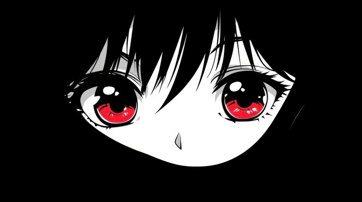 Chica de anime que muestra grandes ojos rojos en la oscuridad