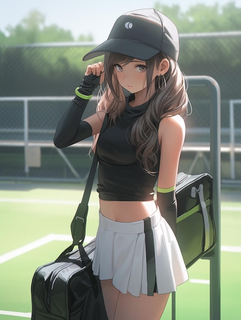 Chica anime con una raqueta de tenis y una bolsa en una cancha de tenis ai generativo