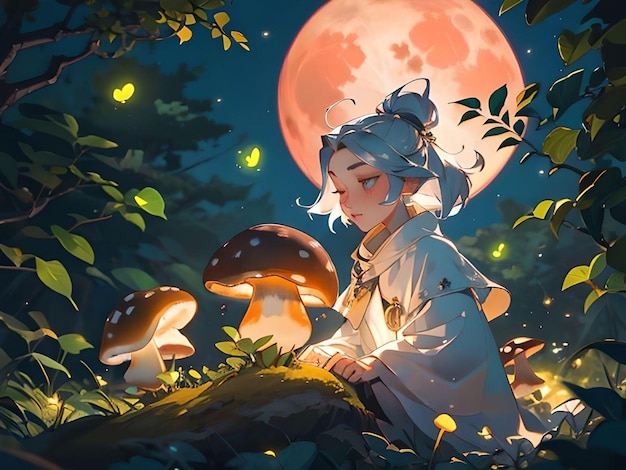 Chica anime realista sentada frente a hongos en el bosque con hadas voladoras