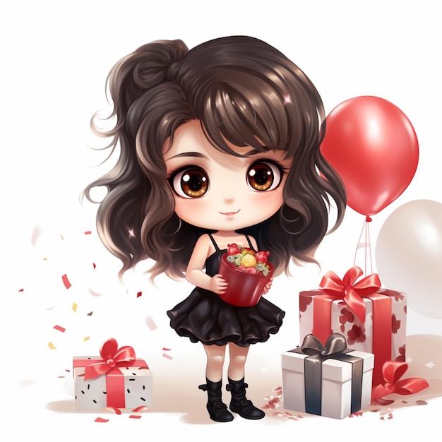 chica anime con un regalo y globos ai generativo