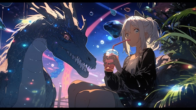 chica anime sentada en un banco con un dragón al lado de su ai generativa