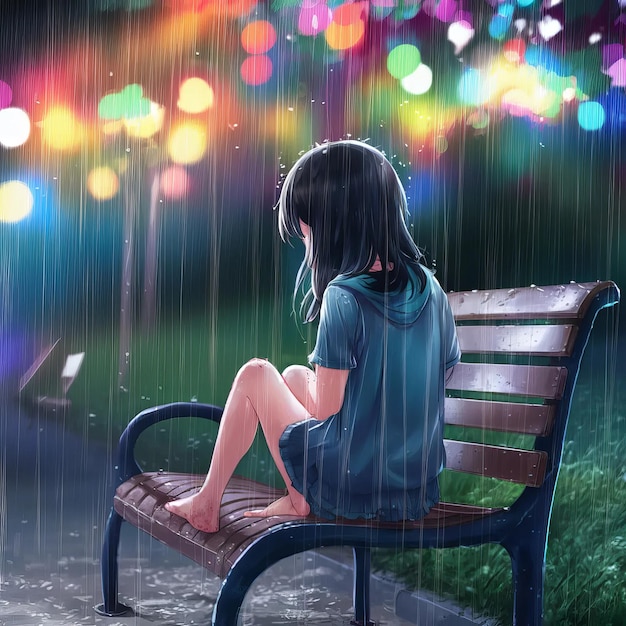 chica de anime sentada en un banco bajo la lluvia
