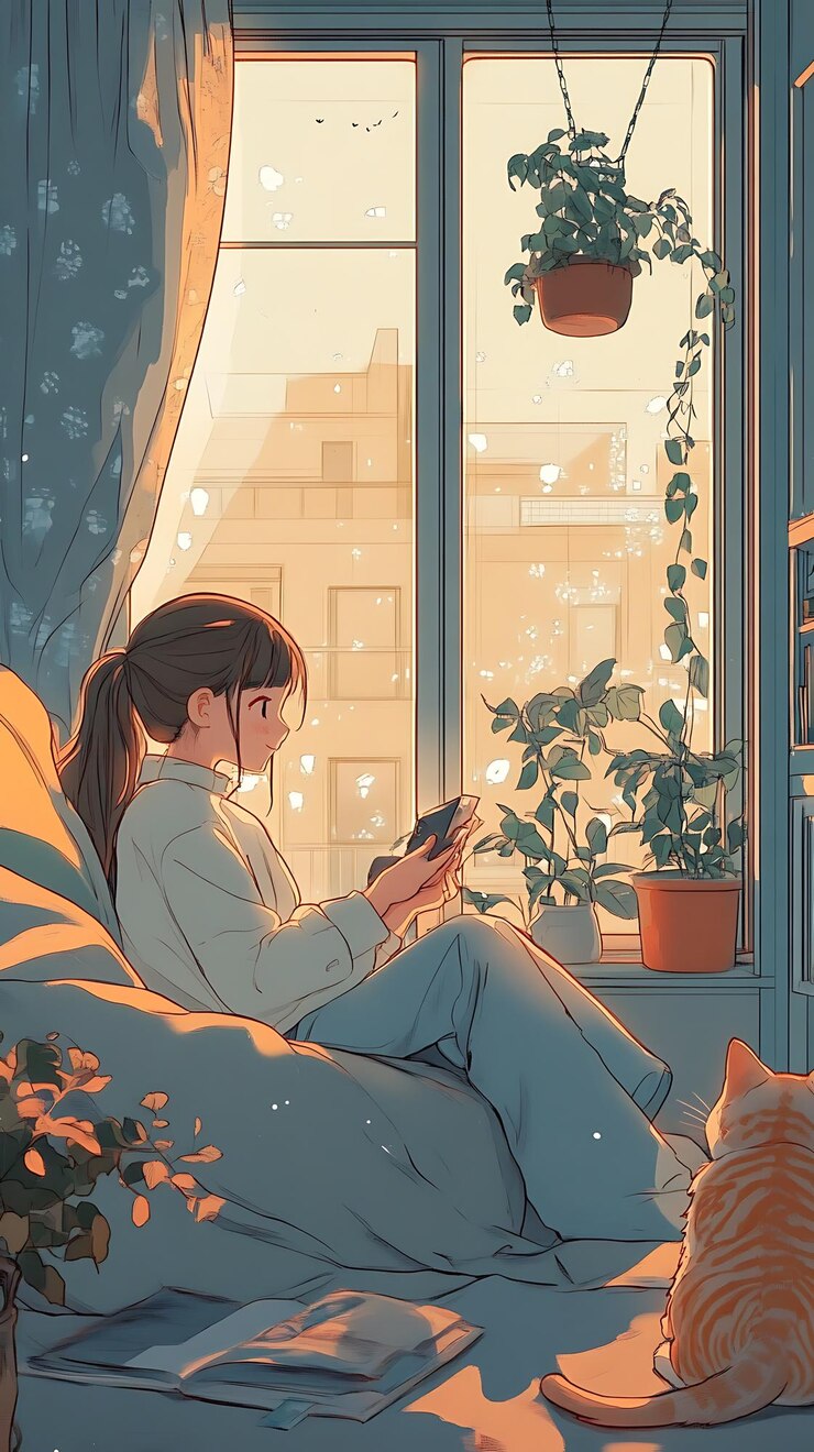 chica de anime sentada en una cama con un gato mirando su teléfono