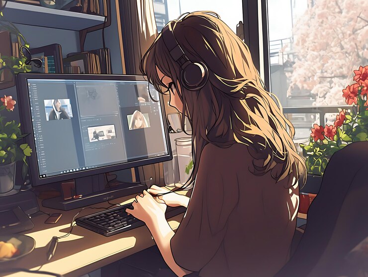 Foto chica de anime sentada en un escritorio con una computadora y auriculares