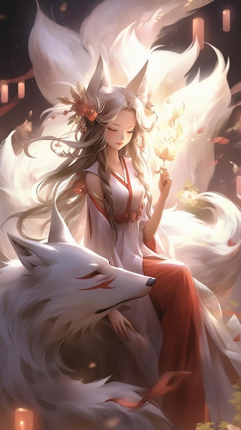 chica anime sentada sobre un lobo blanco con una flor en la mano ai generativo