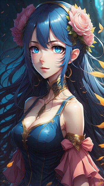 Chica de anime sexy con ojos azules y cabello azul