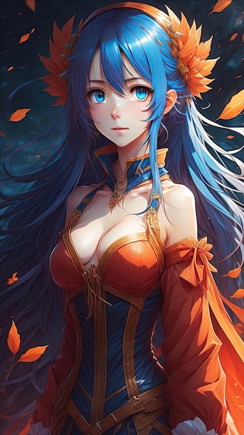 Chica de anime sexy con ojos azules y cabello azul