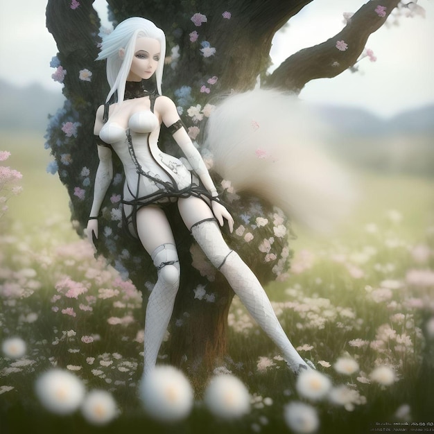 Chica de anime sexy con traje blanco y cabello posando en una ilustración de árbol