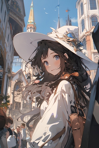 chica de anime con un sombrero blanco y una camisa blanca caminando por una calle generativa ai