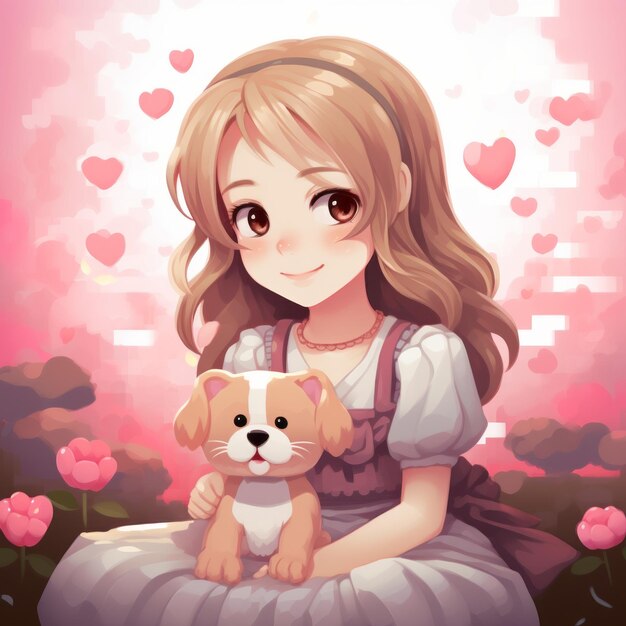 chica anime sosteniendo un cachorro con corazones en el fondo