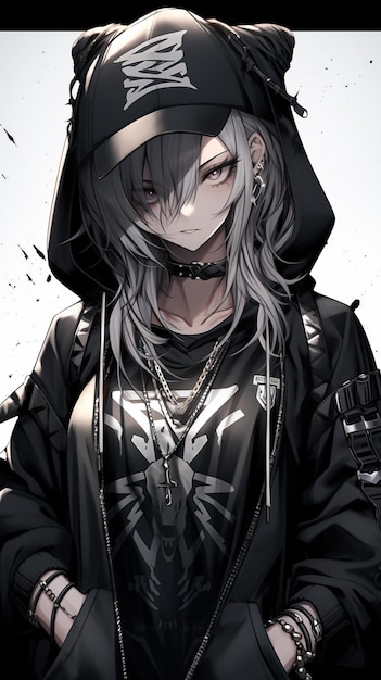 Chica de anime con sudadera negra y sudadera negra sosteniendo un telefono celular generativo ai Imagen Premium generada con IA