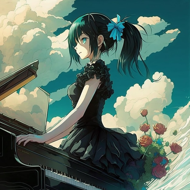 Chica de anime tocando el piano con flores en el fondo generativo ai