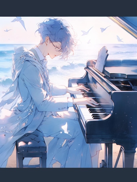Foto chica de anime tocando el piano en la playa con pájaros volando alrededor de la ia generativa