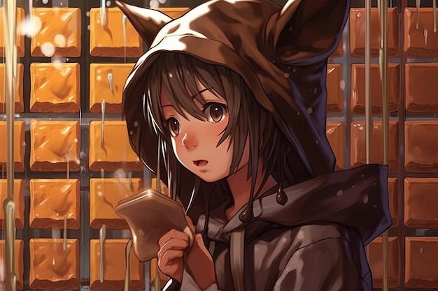 Chica anime tomando ducha de chocolate estilo manga ilustración generativa ai