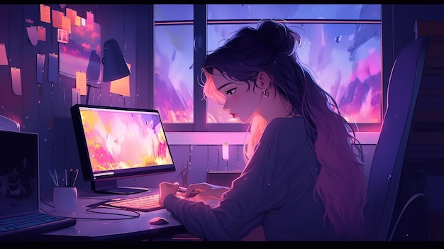 chica anime trabajando en el fondo de su computadora para música lofi