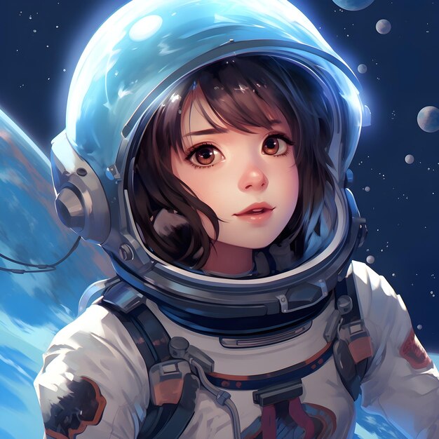 Foto una chica de anime en un traje espacial con un planeta en el fondo