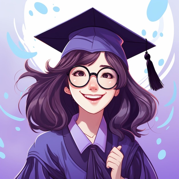 Chica anime en traje de graduación y gafas con gorra