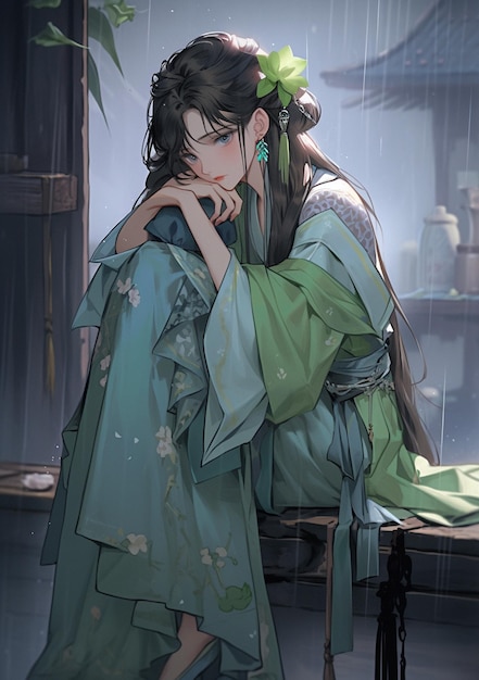 Chica anime en traje de kimono sentada en una mesa bajo la lluvia ai generativo