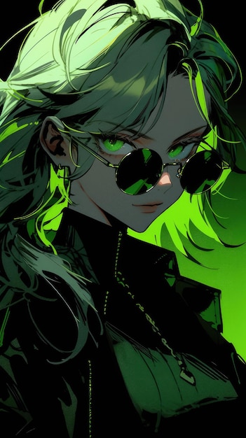 una chica anime de verde con gafas de sol