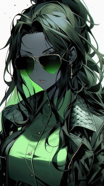 una chica anime de verde con gafas de sol