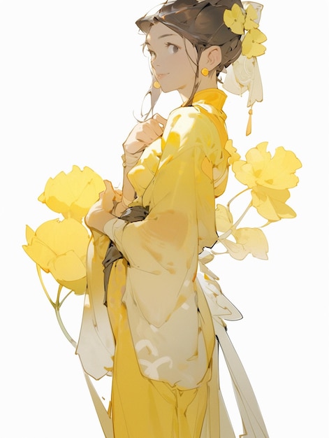 chica anime con vestido amarillo sosteniendo un ramo de flores amarillas ai generativo