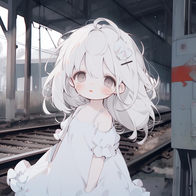 chica de anime en vestido blanco de pie en las vías del tren cerca de la plataforma generativa ai
