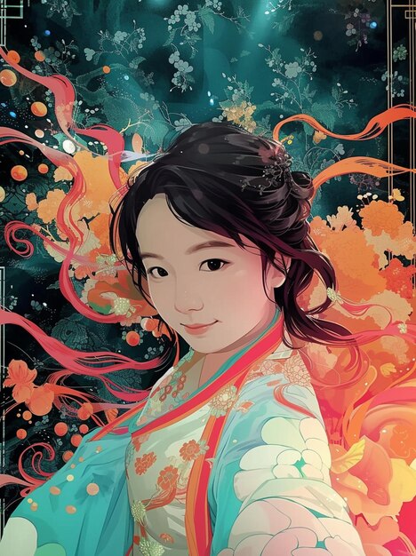 chica de anime con un vestido de kimono azul y rojo y una flor roja generativa ai
