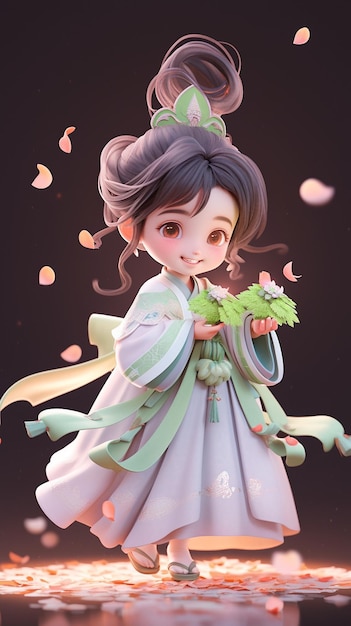 chica de anime con un vestido de kimono sosteniendo una flor y un abanico generativo ai