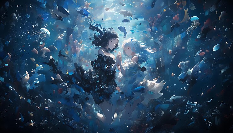 chica de anime con un vestido negro rodeada de peces y otras criaturas acuáticas