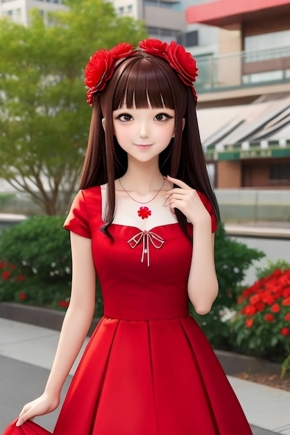 Chica anime con un vestido rojo con una flor.