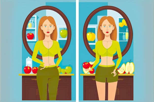 Chica antes y después de una ilustración plana de dieta