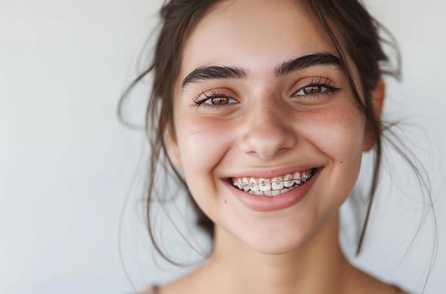 Foto una chica con aparatos dentales en los dientes