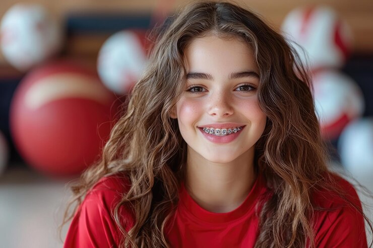 Una chica con aparatos ortopédicos está sonriendo a la cámara