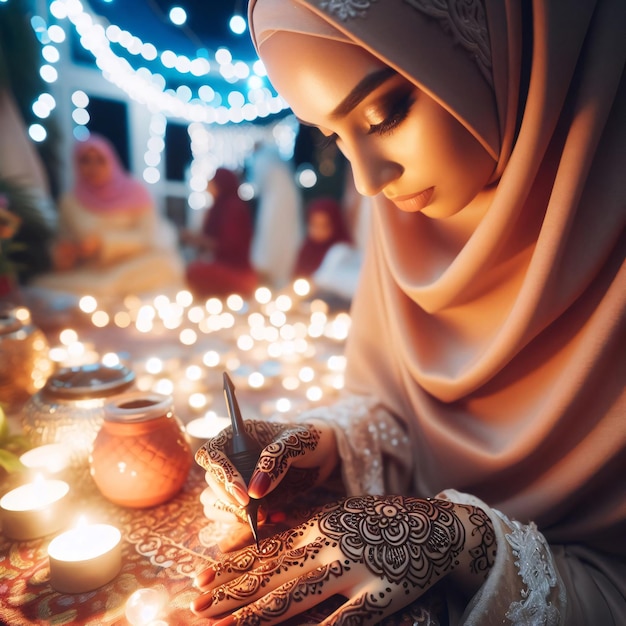 Foto una chica aplicando henna en la mano en la noche antes de eid