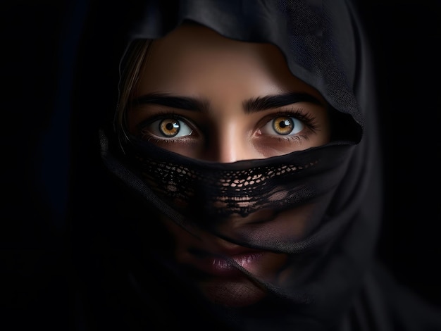 Chica árabe con un hijab negro sobre un fondo oscuro Ai Generative