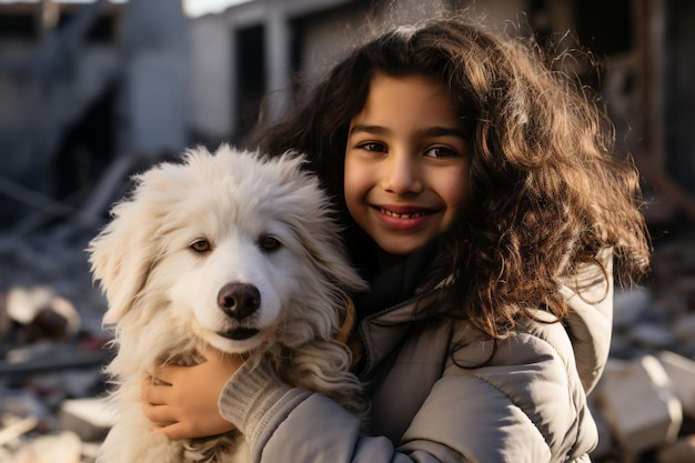 Una chica árabe sonriente de cabello rizado abraza a un perro blanco contra el fondo de las ruinas después del desastre