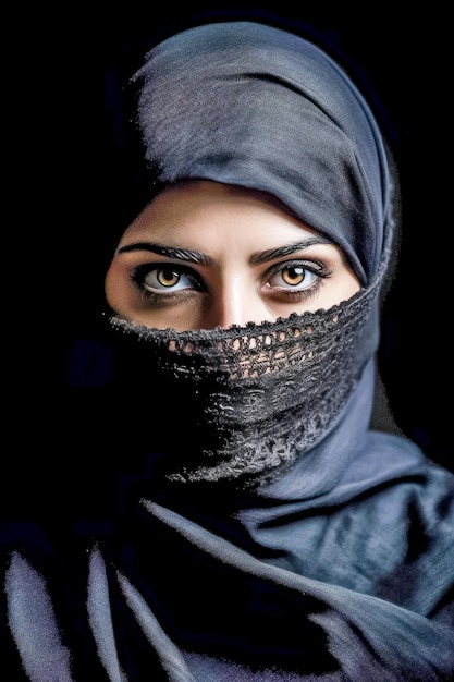 Chica árabe con velo y burka sobre fondo negro