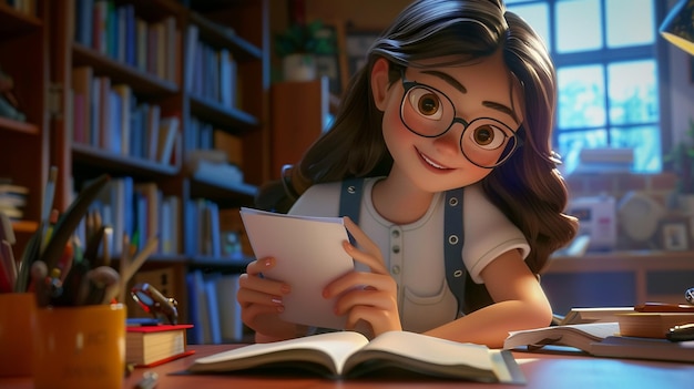 chica arafed con gafas leyendo un libro mientras está sentada en un escritorio generativo ai