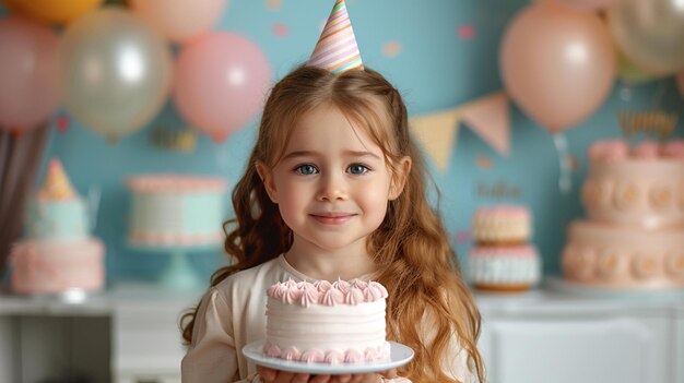 chica arafed sosteniendo un pastel frente a una fiesta de cumpleaños generativa ai