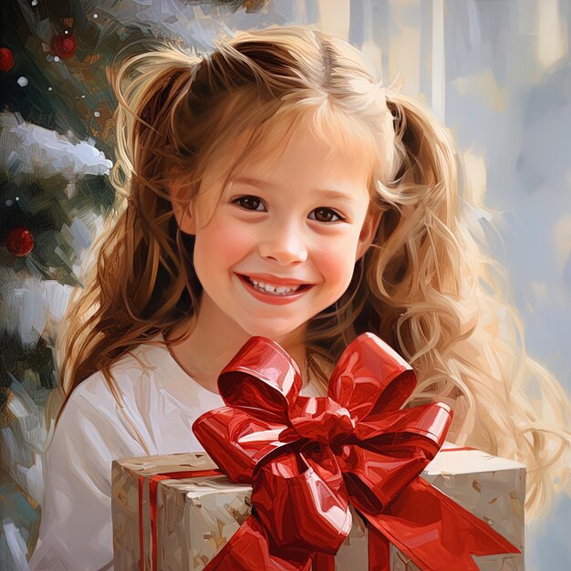 una chica con un árbol de Navidad en el fondo está sosteniendo un regalo