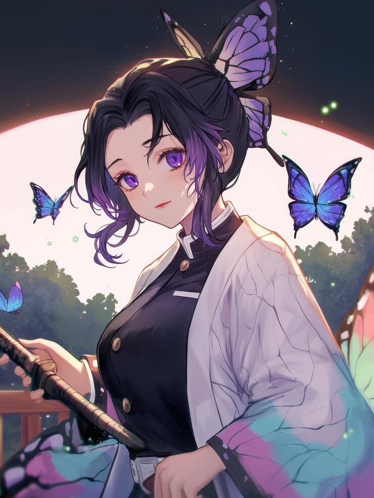 una chica con un arma y mariposas en el cabello