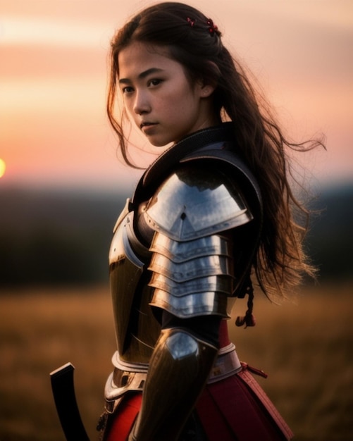 una chica con una armadura de caballero se encuentra en un campo con el sol detrás de ella.