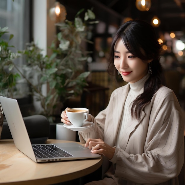 Foto chica de asia sonríe sentada y bebiendo café en bonsai cafe play computer generative ai illustration