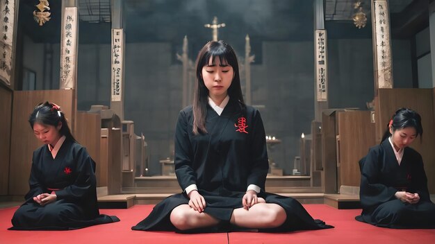 Foto chica asiática con antecedentes de rituales satánicos