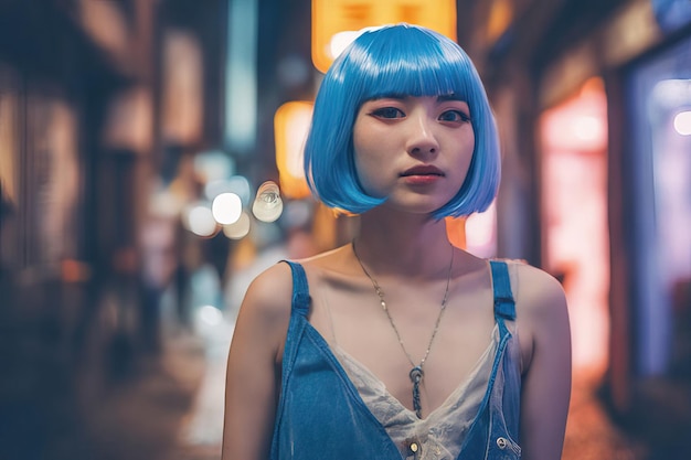 chica asiática con cabello azul