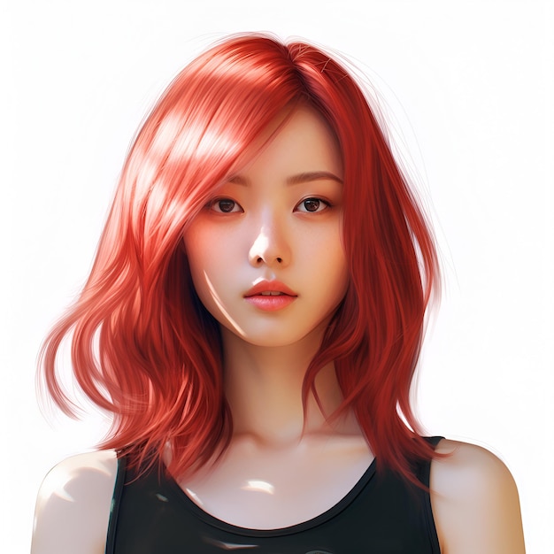 chica asiática de cabello rojo retrato de una joven y bonita persona femenina sobre un fondo blanco