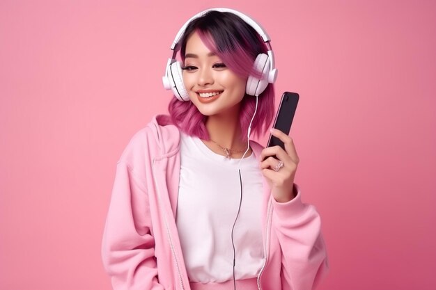 Chica asiática elegante con auriculares escuchando música y tomando fotos en su teléfono móvil usando su teléfono inteligente