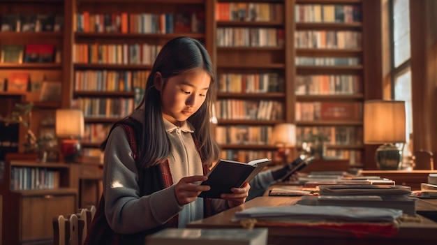 Chica asiática está estudiando en la biblioteca de la escuela Inteligencia artificial